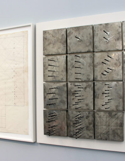 Günther Uecker, Plus-Minus-Nul (object and drawing), 1968, object: 15 single objects, nails on tinplate on wood, drawing: pencil on paper, Eykyn Maclean, London, UK and New York, NY